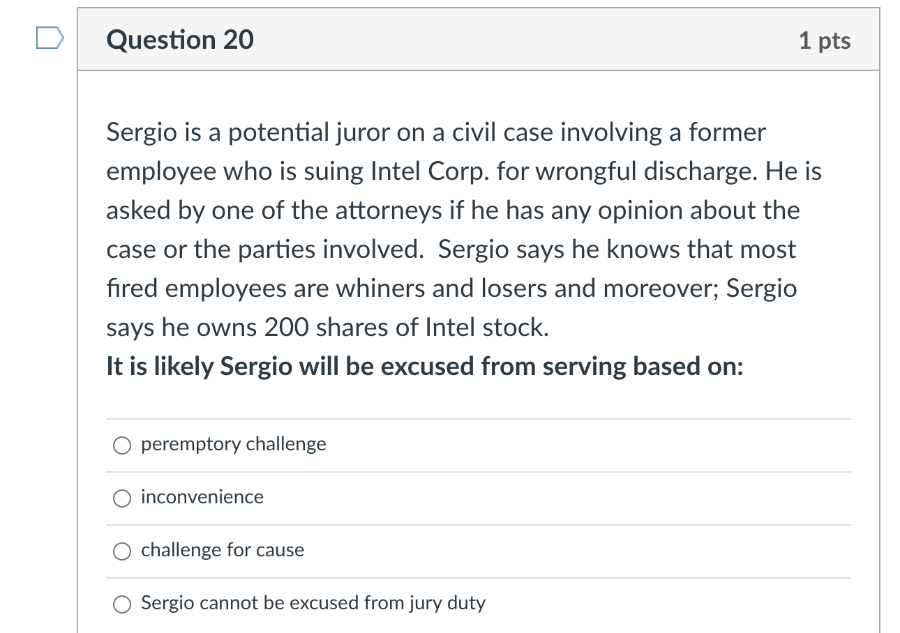 Question 19 1 pts Linda files a suit against