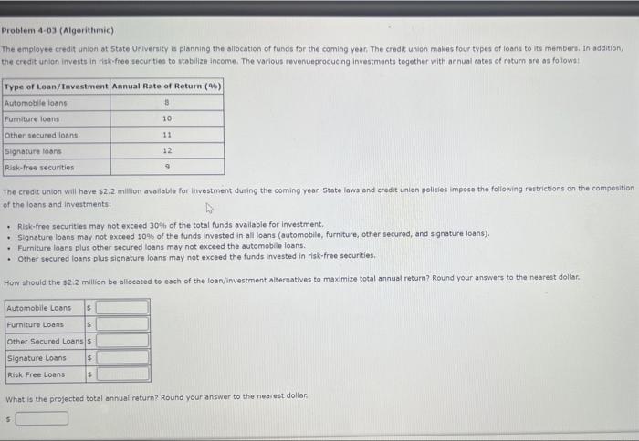 Problem 4-03 (Algorithmic) The employee credit