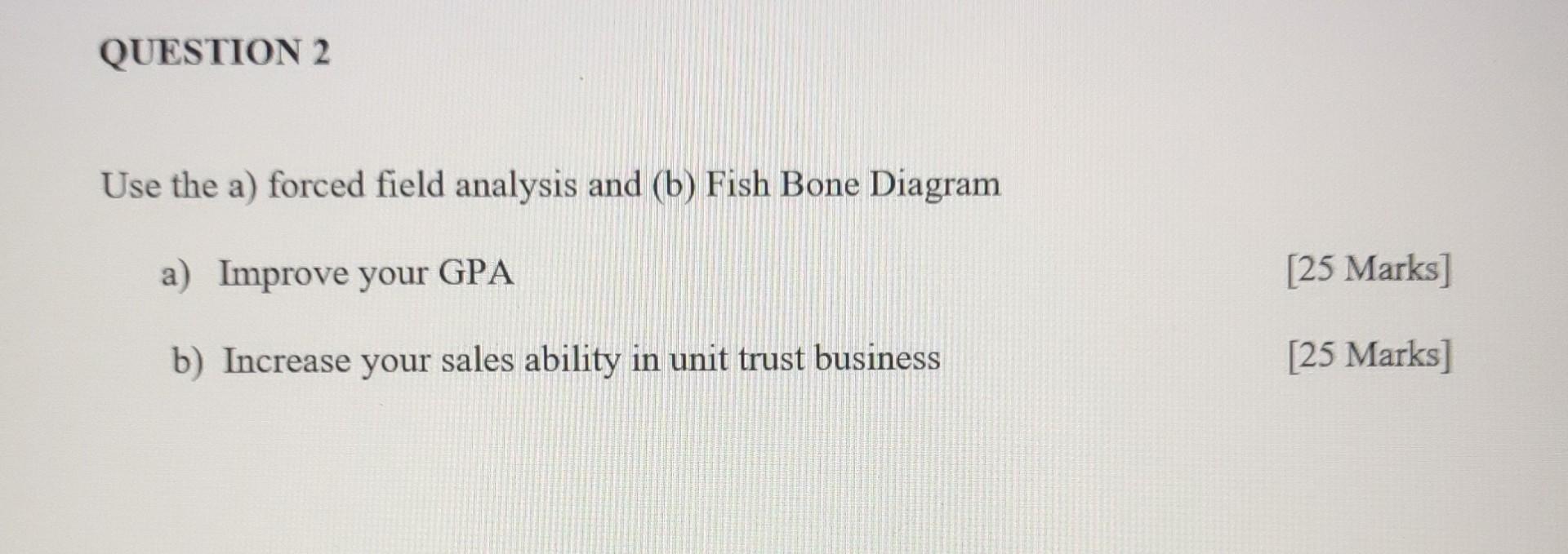 Use the a) forced field analysis and (b) Fish