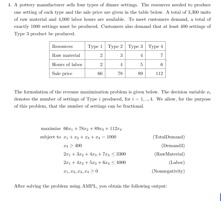 4. A pottery manufacturer sells four types of