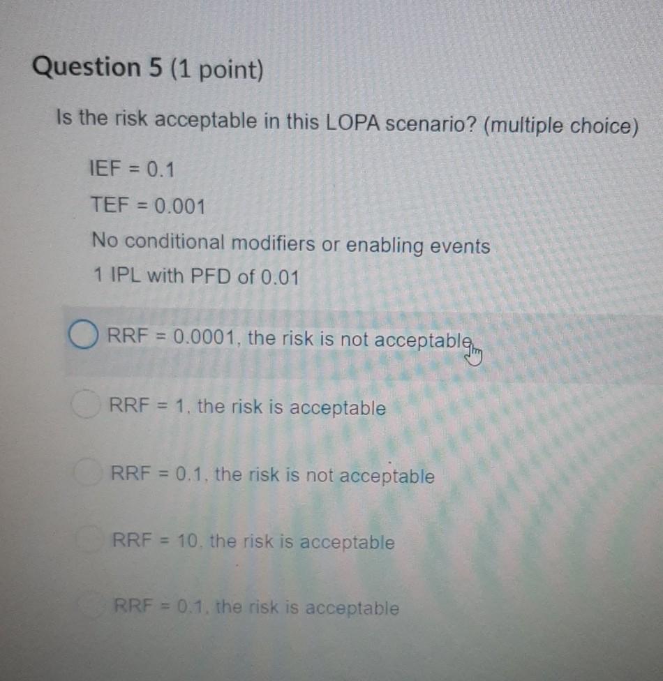 Question 5 (1 point) Is the risk acceptable in