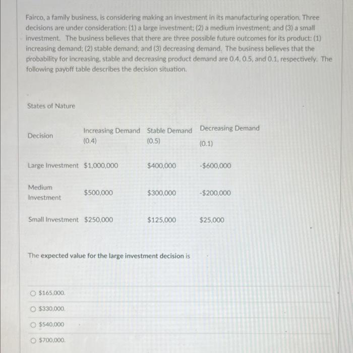 Fairco, a family business, is considering making