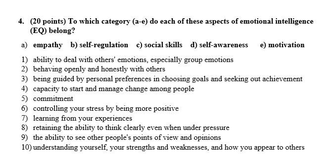 4. (20 points) To which category (a-e) do each of