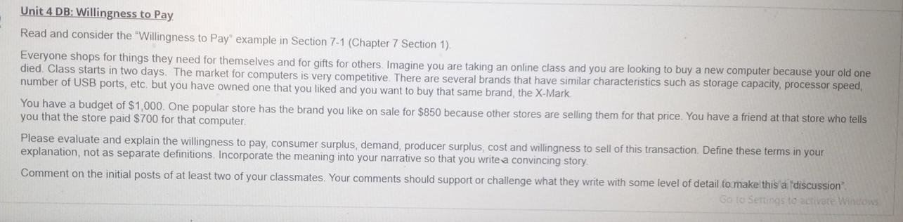 Unit 4 DB: Willingness to Pay Read and consider