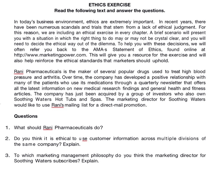 ETHICS EXERCISE Read the following text and