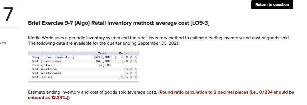 Brief Exercise 9-7 (Algo) Retail inventory