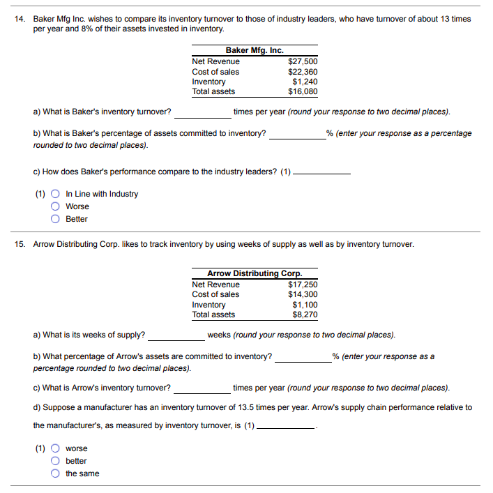 14. Baker Mfg Inc. wishes to compare its