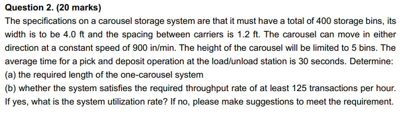 Question 2. (20 marks) The specifications on a