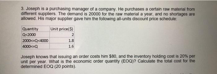 3. Joseph is a purchasing manager of a company.