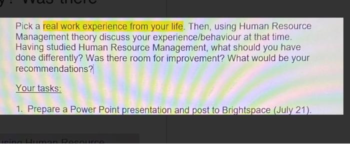 Subject: human resource management Pick a real