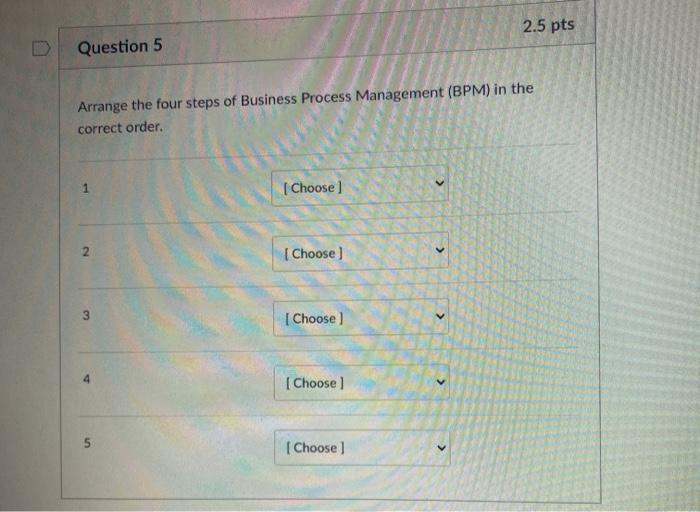 2.5 pts Question 5 Arrange the four steps of