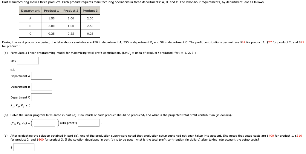 Hart Manufacturing makes three products. Each