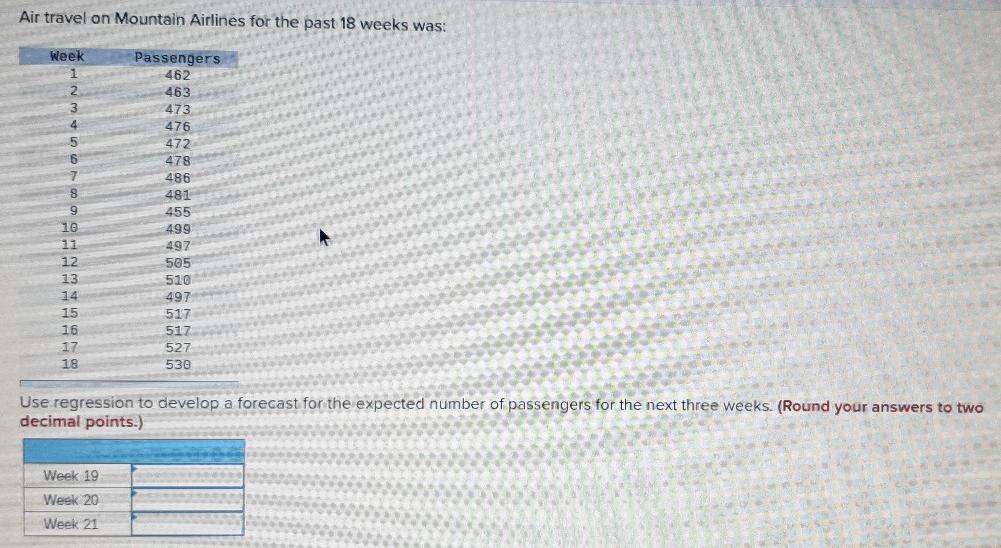 Air travel on Mountain Airlines for the past 18