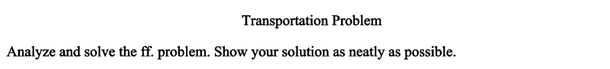 Transportation Problem Analyze and solve the ff.