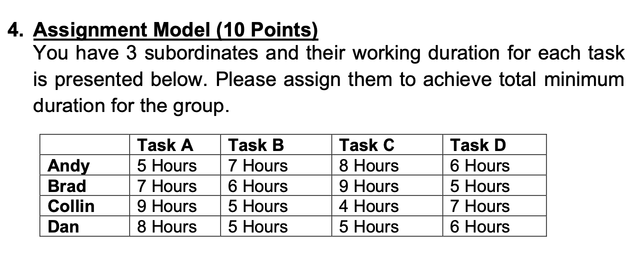 4. Assignment Model (10 Points) You have 3
