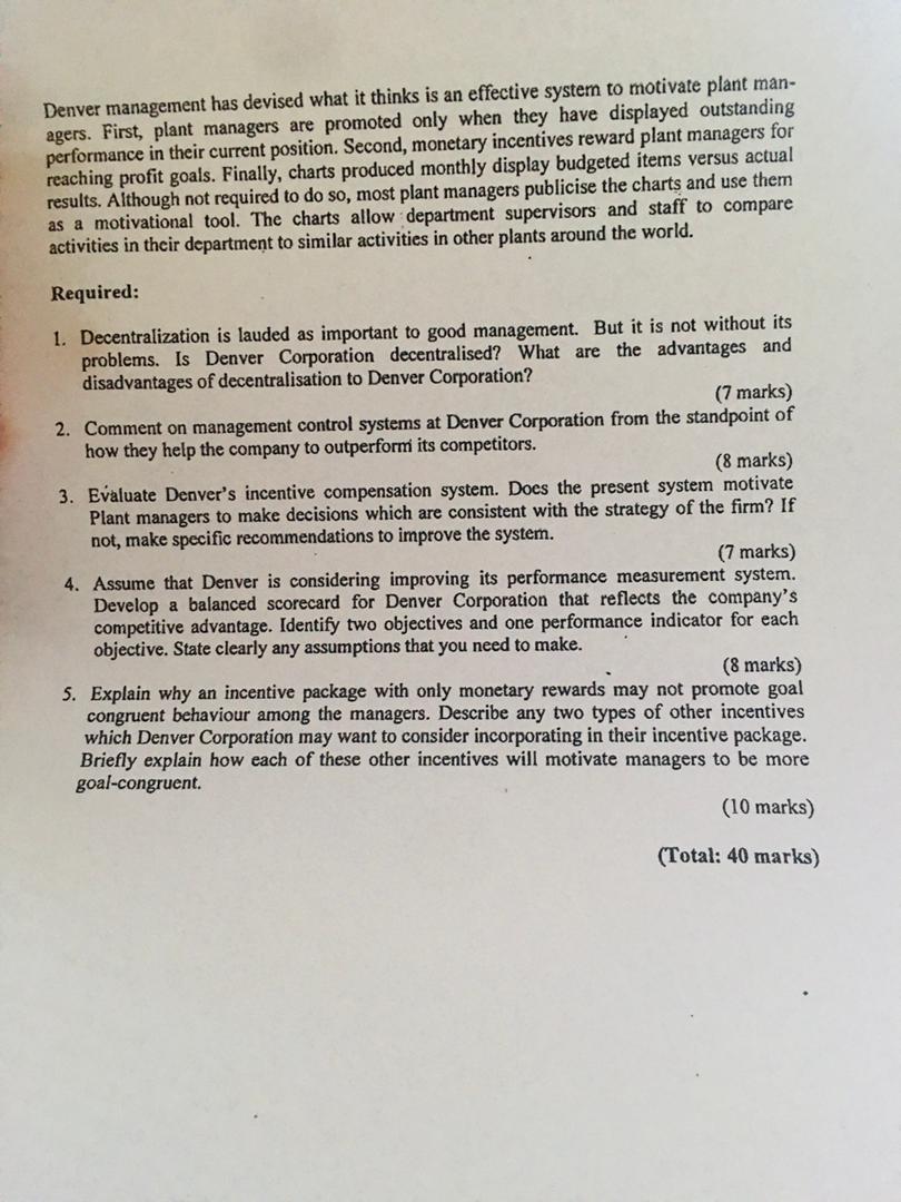 Section A - Case study question (40 marks) Denver