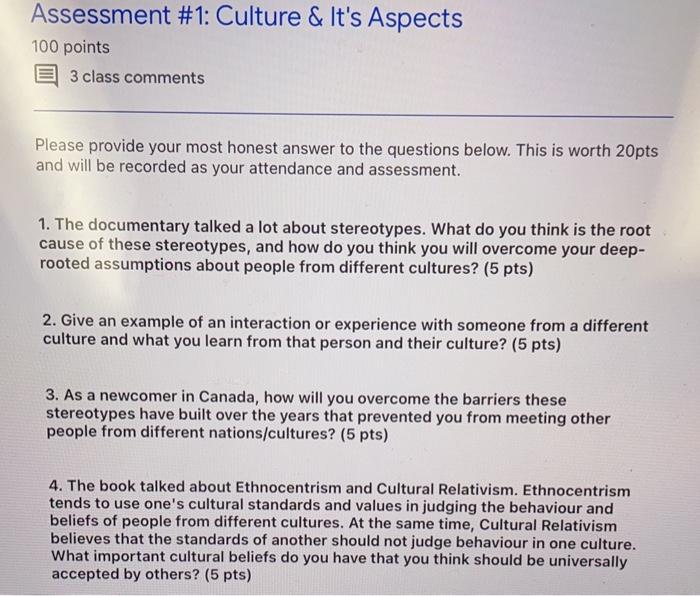 Assessment #1: Culture & It's Aspects 100 points