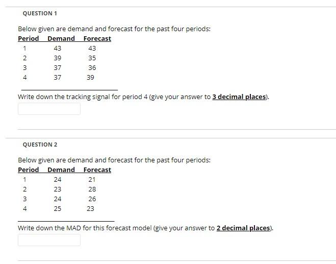QUESTION 1 1 Below given are demand and forecast