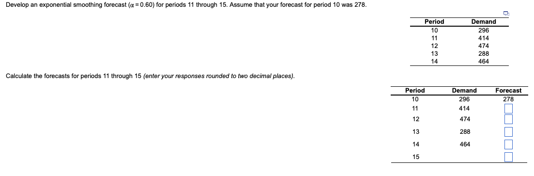 Develop an exponential smoothing forecast ( =