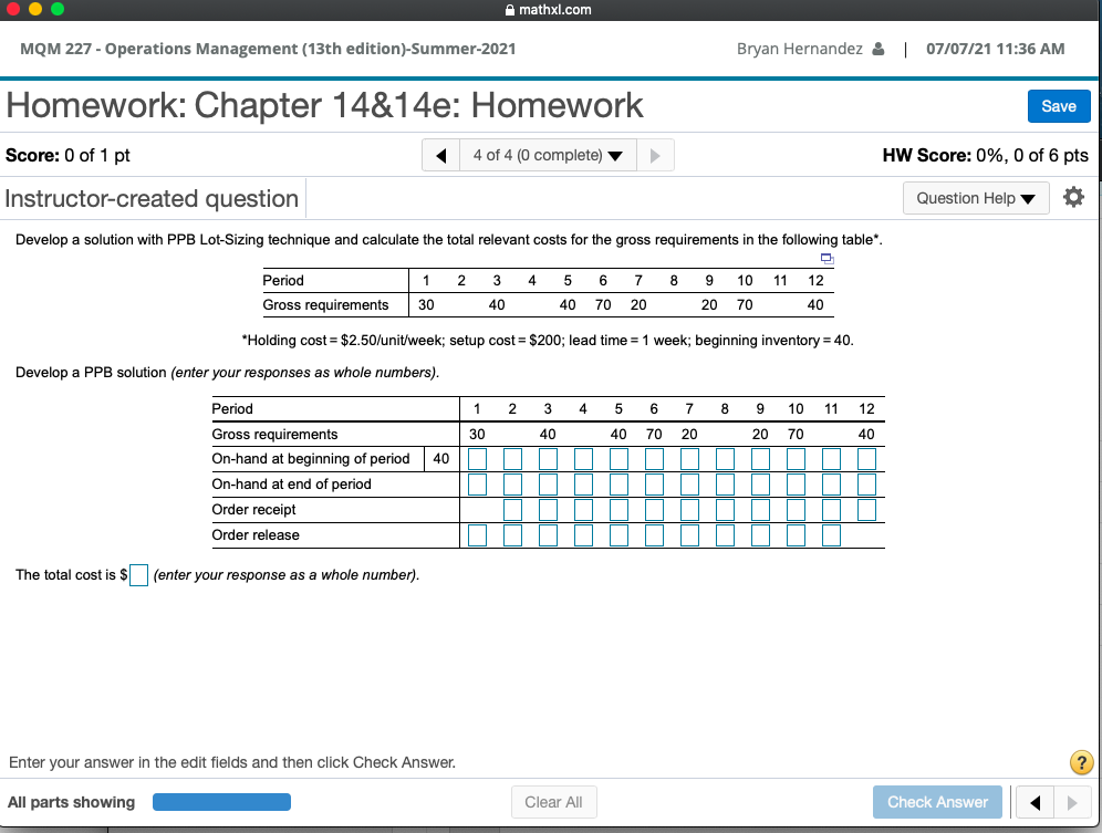 O mathxl.com MQM 227 - Operations Management