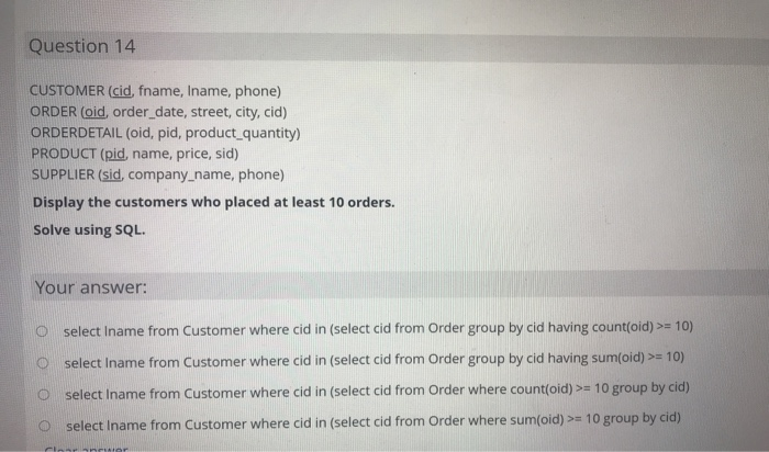 Database Management Systems Question 14 CUSTOMER