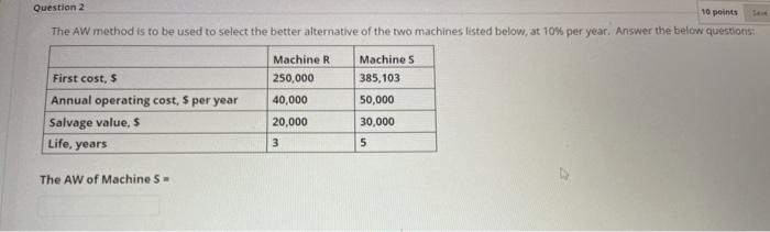 10 points The AW method is to be used to select