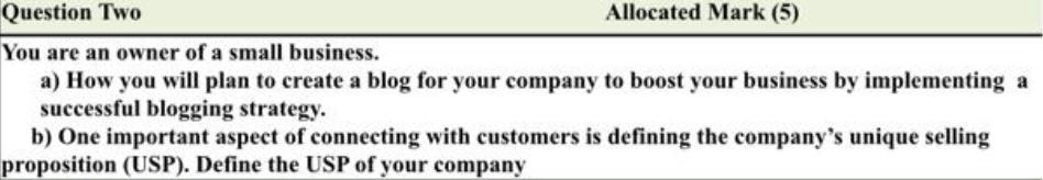 Question Two Allocated Mark (5) You are an owner