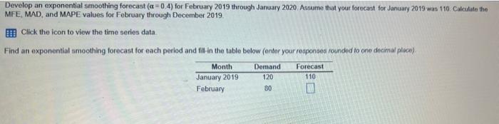 Develop an exponential smoothing forecast (a=0.4)