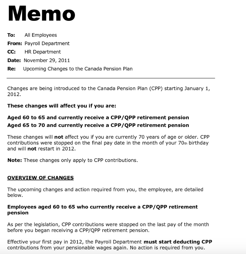 Memo CC: To: All Employees From: Payroll