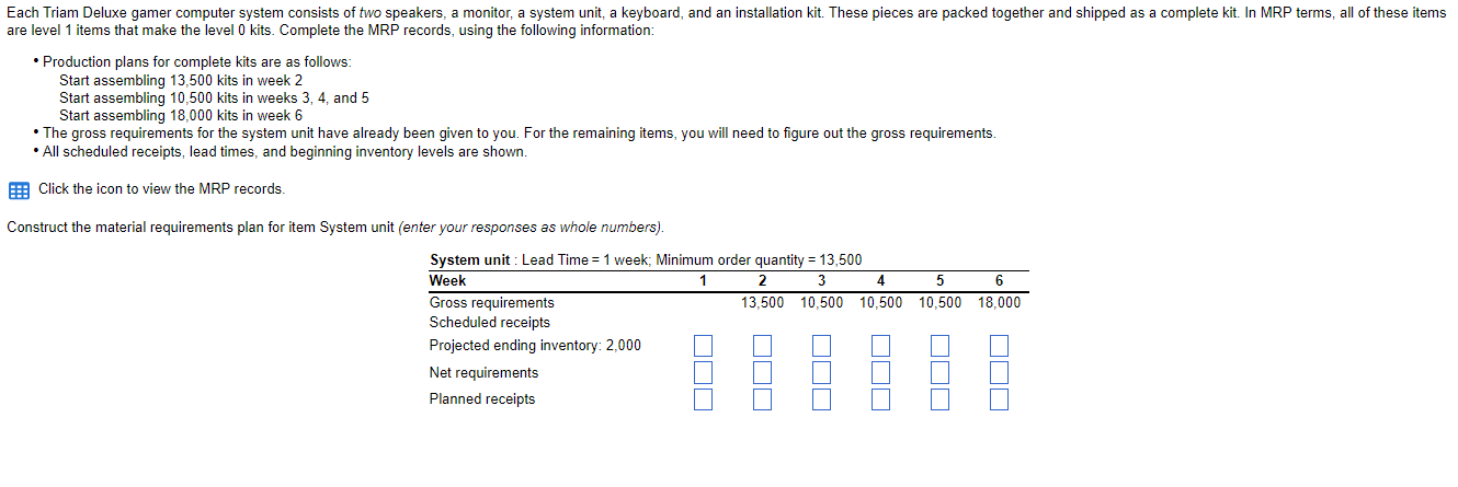System unit: Lead Time=1 week; Minimum order