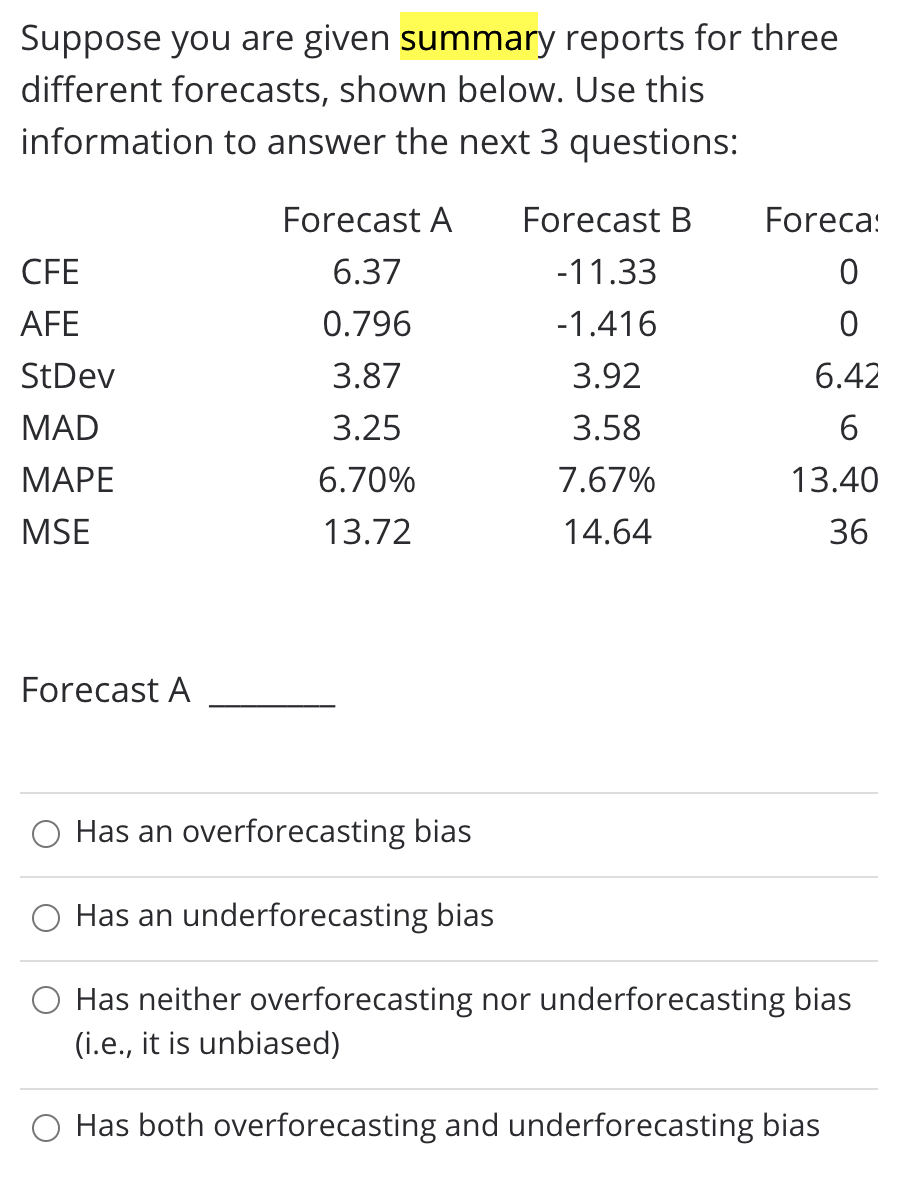 Suppose you are given summary reports for three