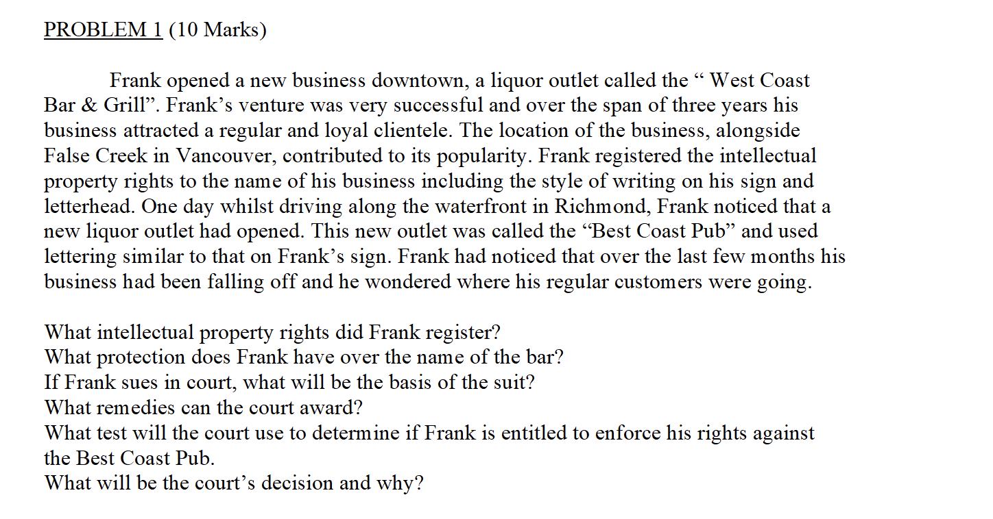Business Law PROBLEM 1 (10 Marks) Frank opened a