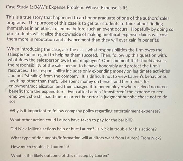 Case Study 1: B&W's Expense Problem: Whose