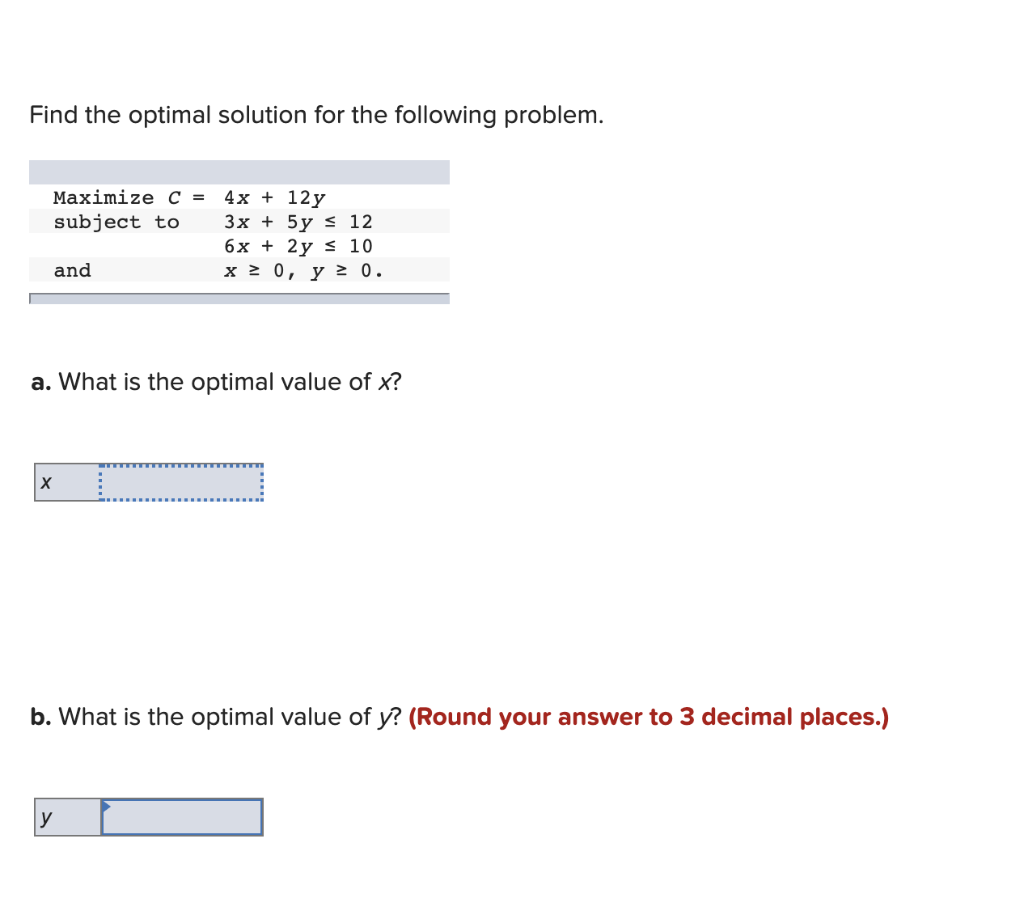 find the optimal solution for the following