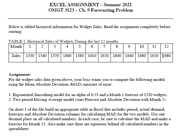 EXCEL ASSIGNMENT - Summer 2021 OMGT 3123 - Ch. 9