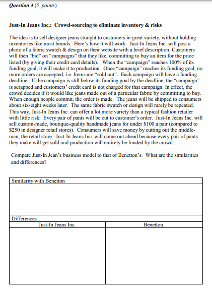 Question 4 (5 points) Just-In Jeans Inc.: