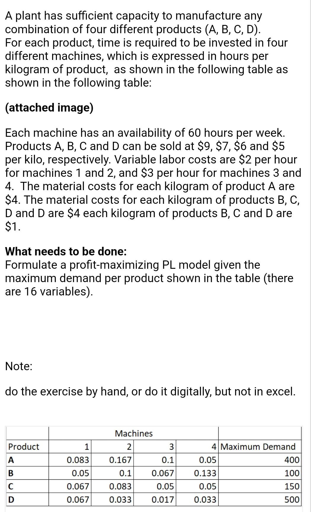 pls solve it manually not with excel A plant has