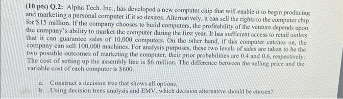 (10 pts) Q.2: Alpha Tech. Inc., has developed a
