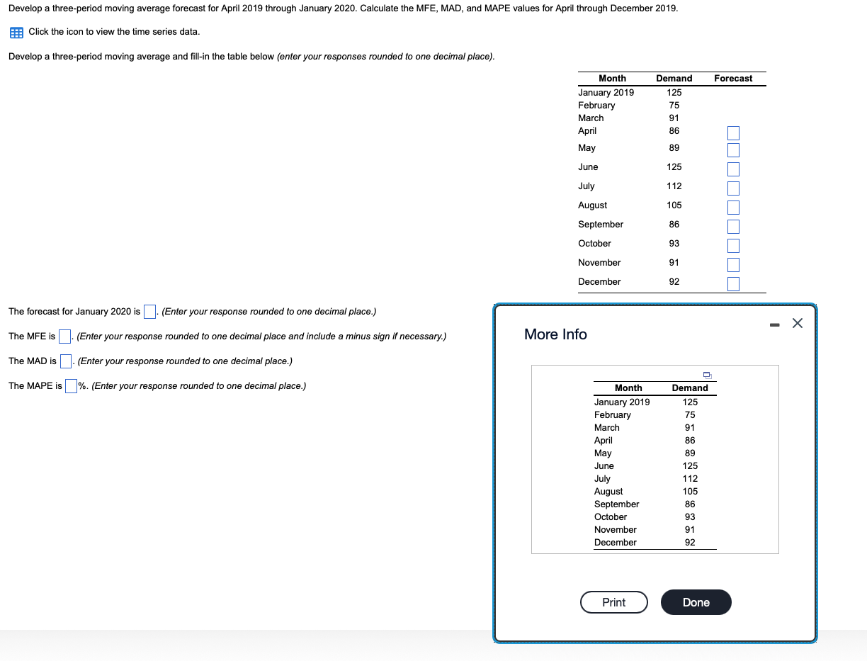 Develop a three-period moving average forecast