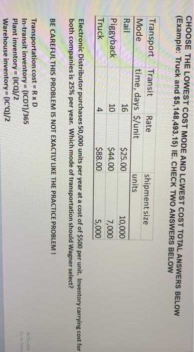 CHOOSE THE LOWEST COST MODE AND LOWEST COST TOTAL
