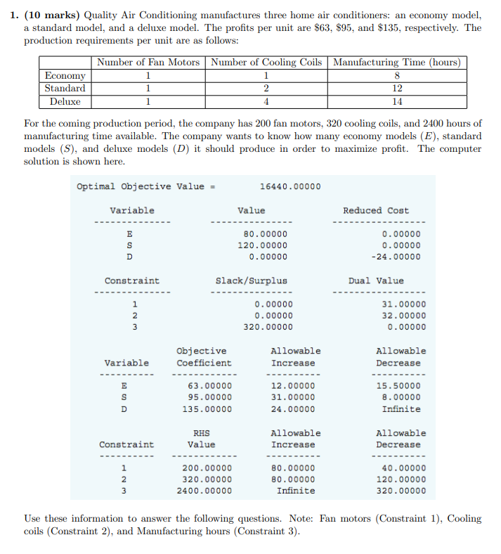 1. (10 marks) Quality Air Conditioning