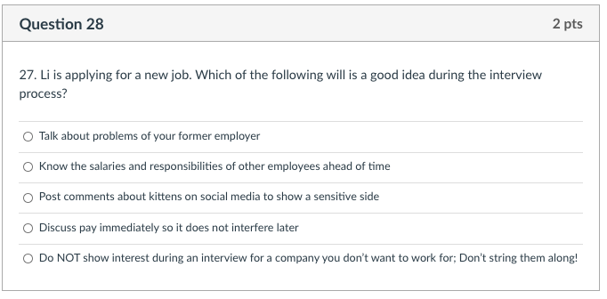 Question 28 2 pts 27. Li is applying for a new