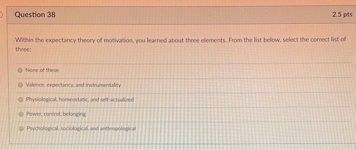 Question 38 2.5 pts Within the expectancy theory