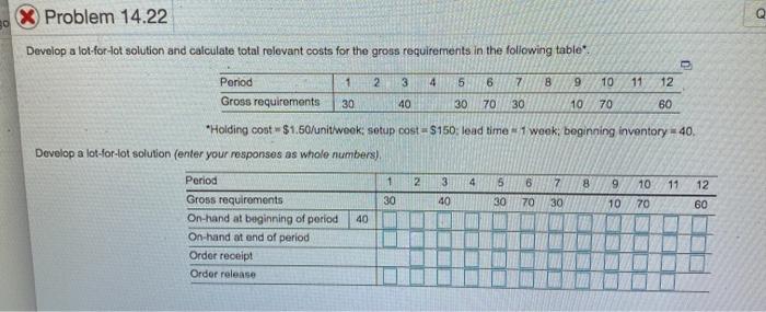 X Problem 14.22 Develop a lot-for-lot solution