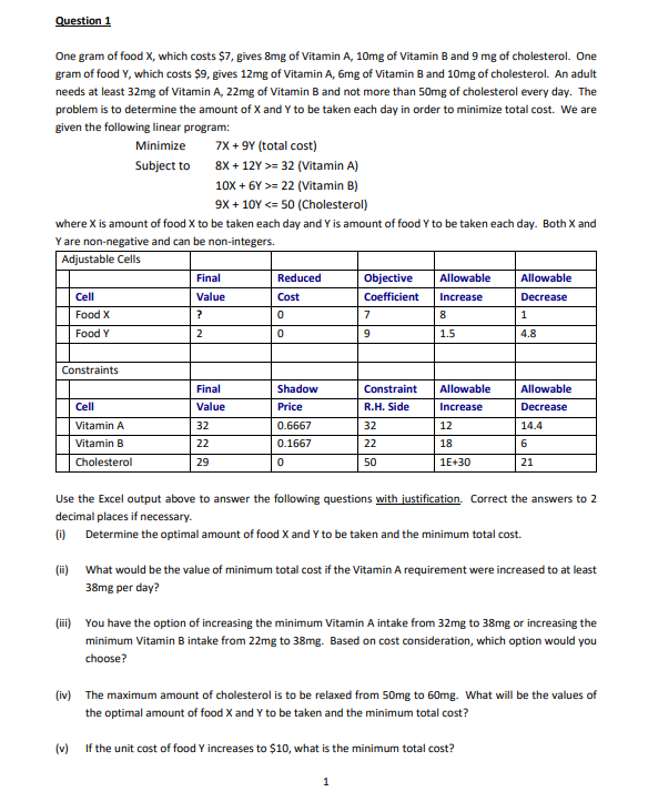 Question 1 One gram of food X, which costs $7,