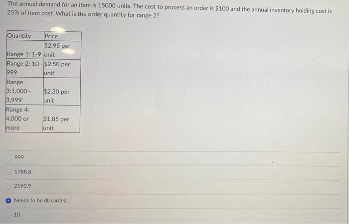 The annual demand for an item is 15000 units. The