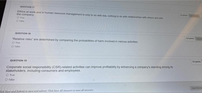 QUESTION 17 Ethics at work and in human resource
