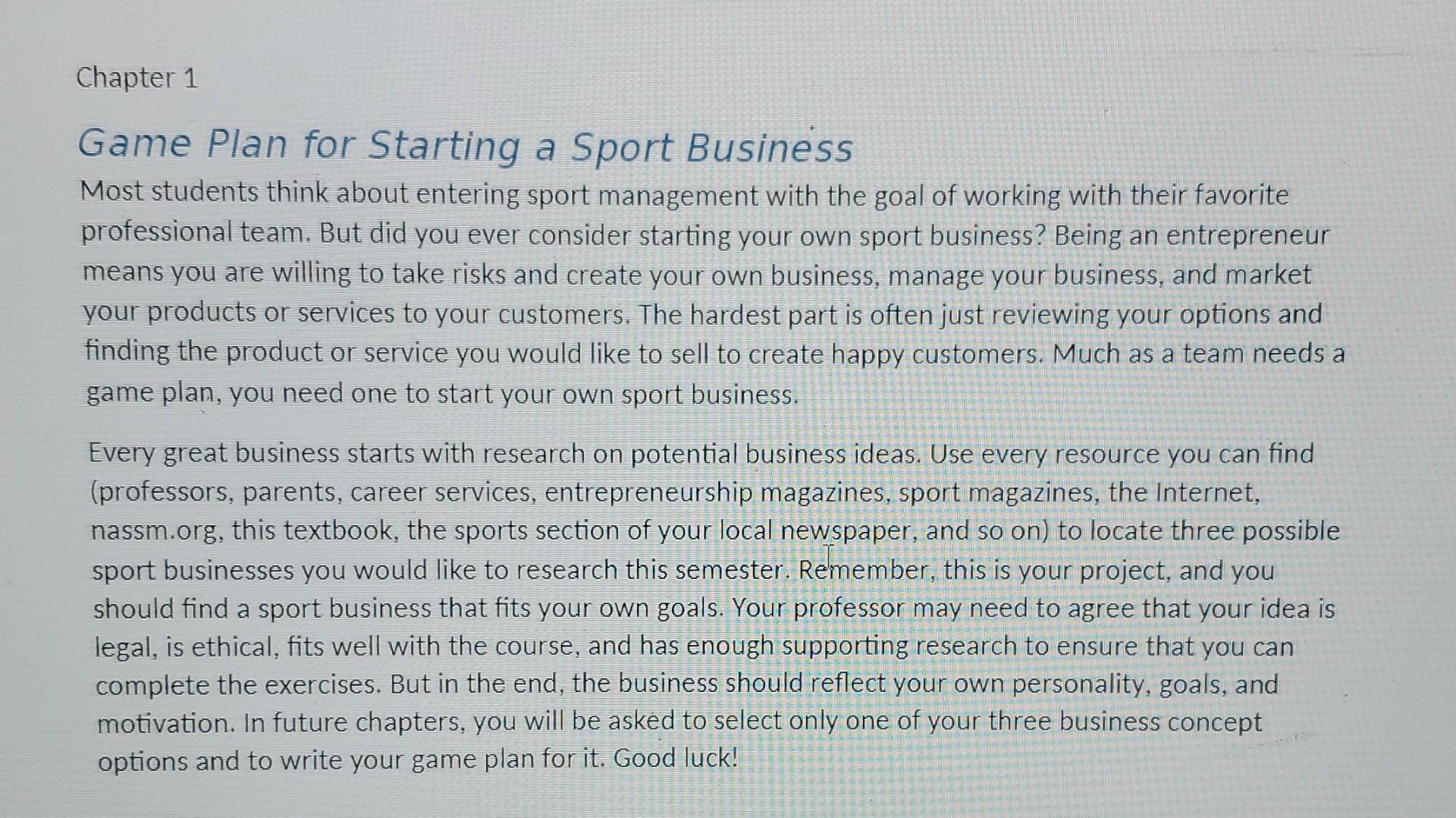 Chapter 1 Game Plan for Starting a Sport Business