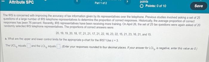 Attribute SPC Part 1 of 2 points O Points: 0 of