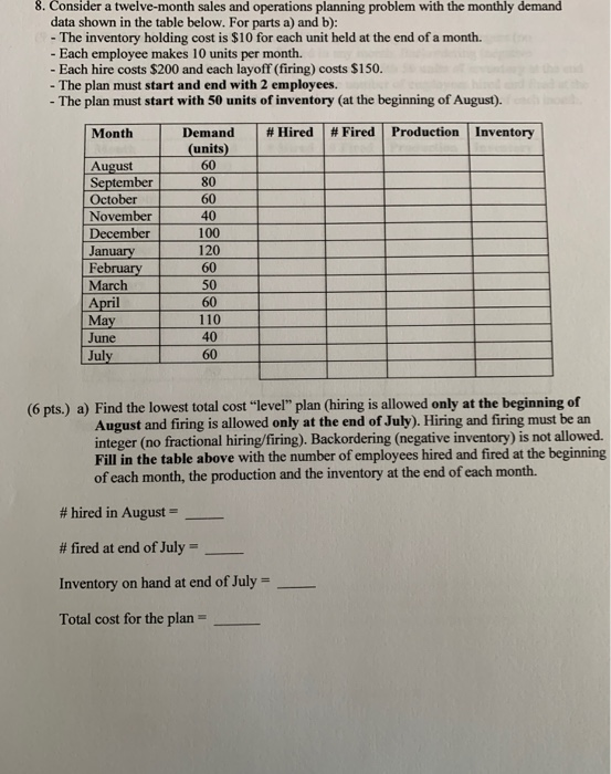 8. Consider a twelve-month sales and operations
